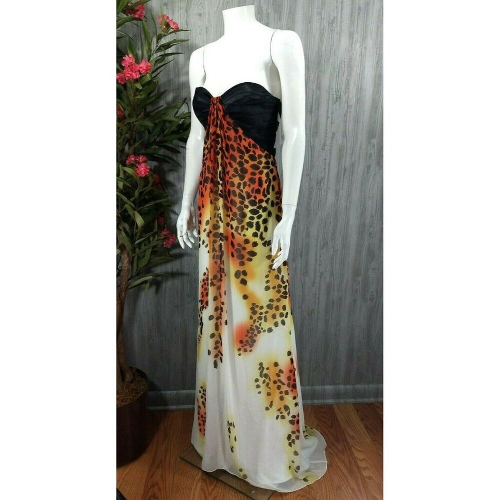 Cache Vintage Animal Print Evening Gown Prom Formal Sexy Strapless Chiffon